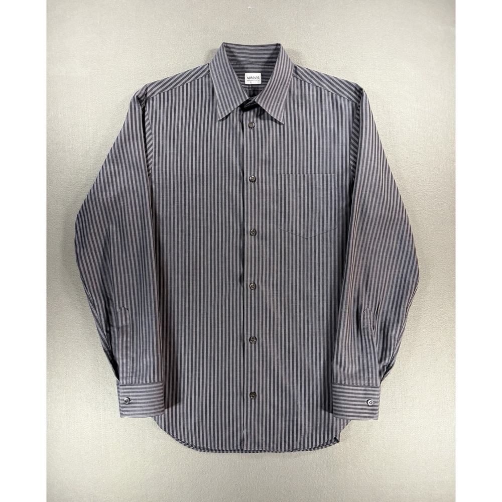 Armani Collezioni Long Sleeve Button Shirt Black Grey Stripes Mens Size M Pocket